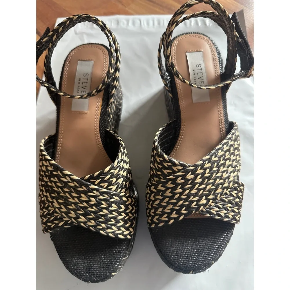 Steven New York Woven Espadrille Wedge Sandals Black Tan Ankle Strap Platform